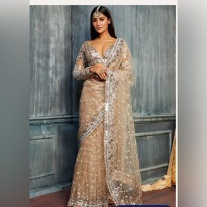 NWT Beige Multicolor Sequins Embroidered Saree